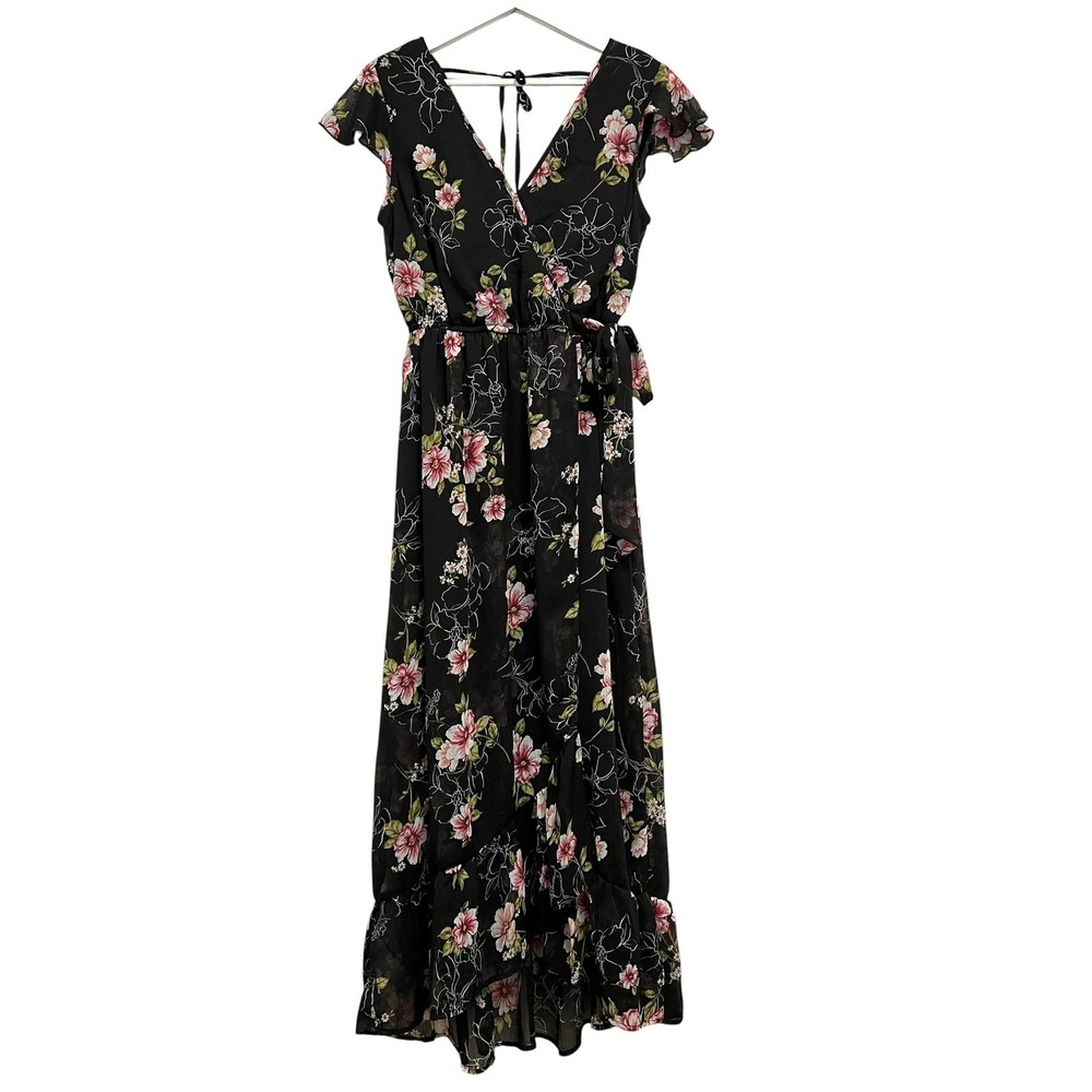 Band‎ Of Gypsies Dress Womens Small Black Floral Faux Wrap Maxi Ruffle Hem Boho